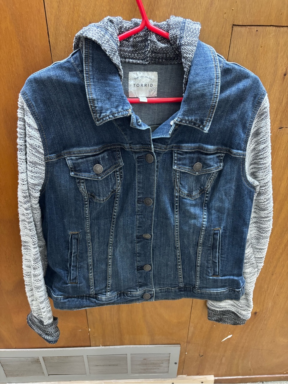 Jeans Jacket with Gray Knit Hood & Sleeves